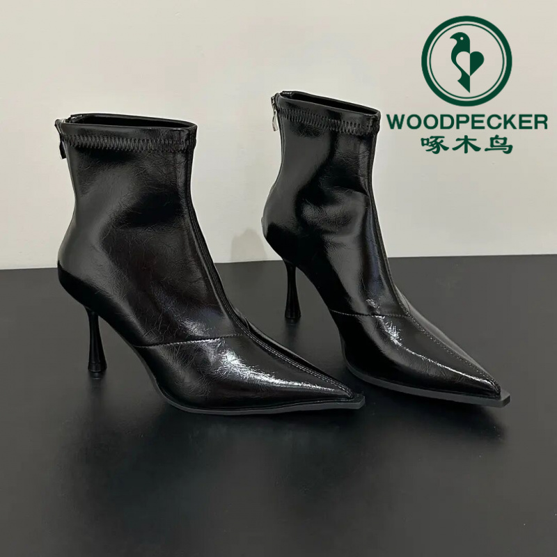 啄木鸟欧美范高跟气质短靴女2025秋冬新款尖头细跟加绒弹力瘦瘦靴