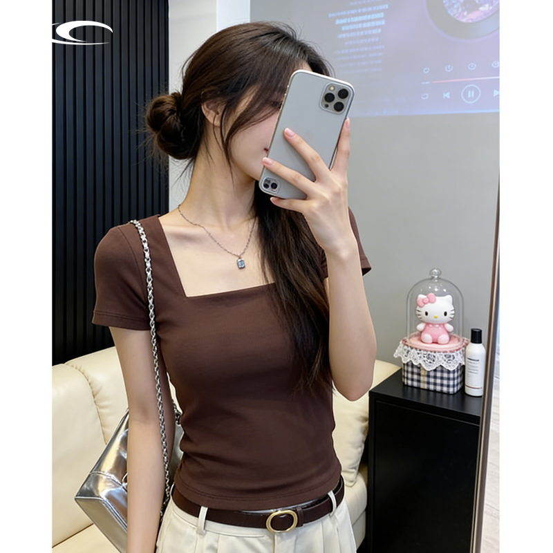 FUG TIL纯色短袖打底衫方领修身显瘦春夏秋百搭T恤上衣