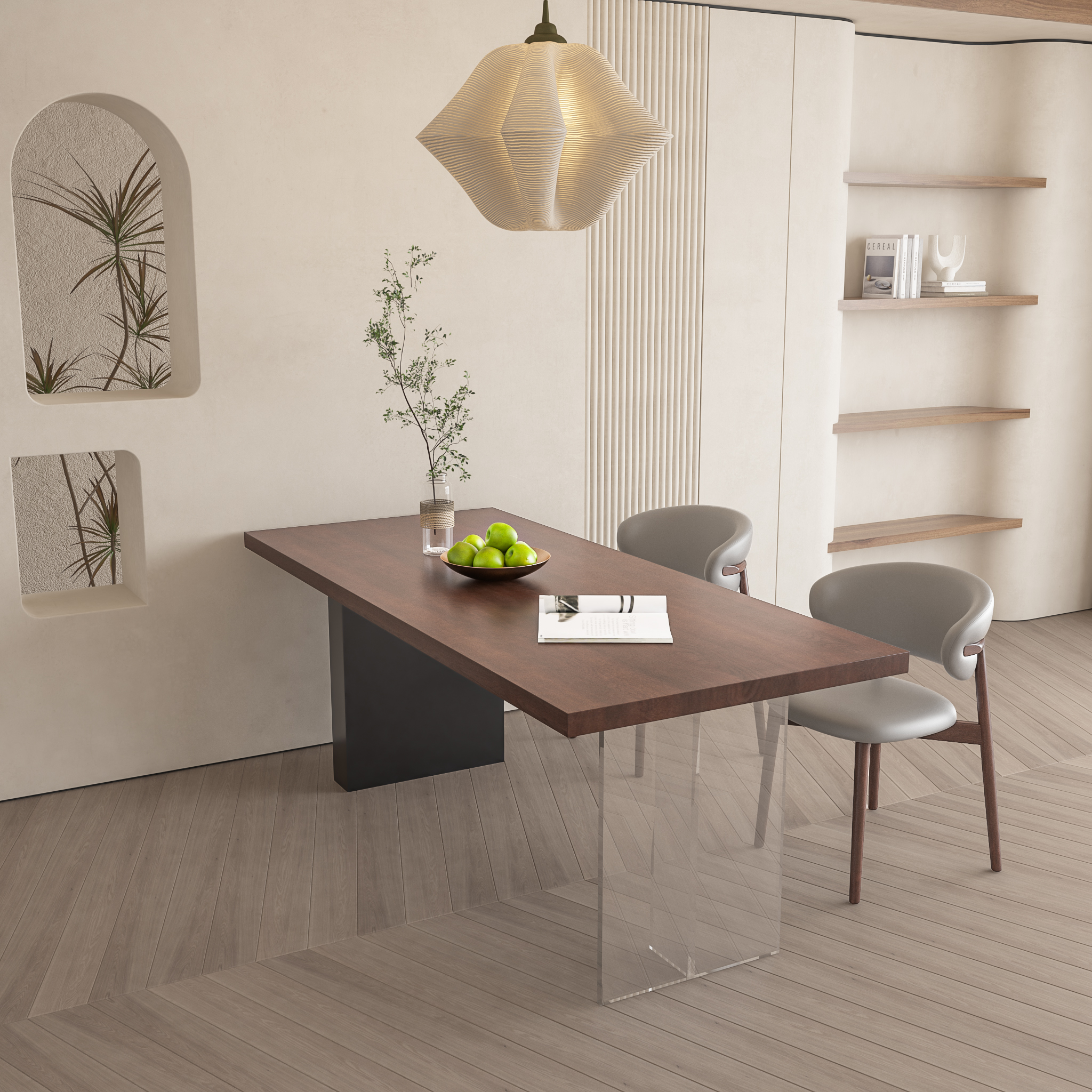 黑胡桃色实木岩板餐桌意式复古极简岛台设计师长方形餐桌茶桌别墅