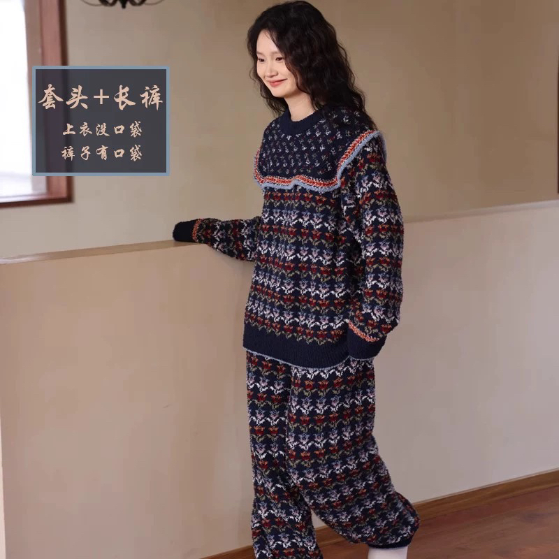 族玛士半边绒睡衣女秋冬季2025新款加厚珊瑚绒毛衣套装加厚家居服