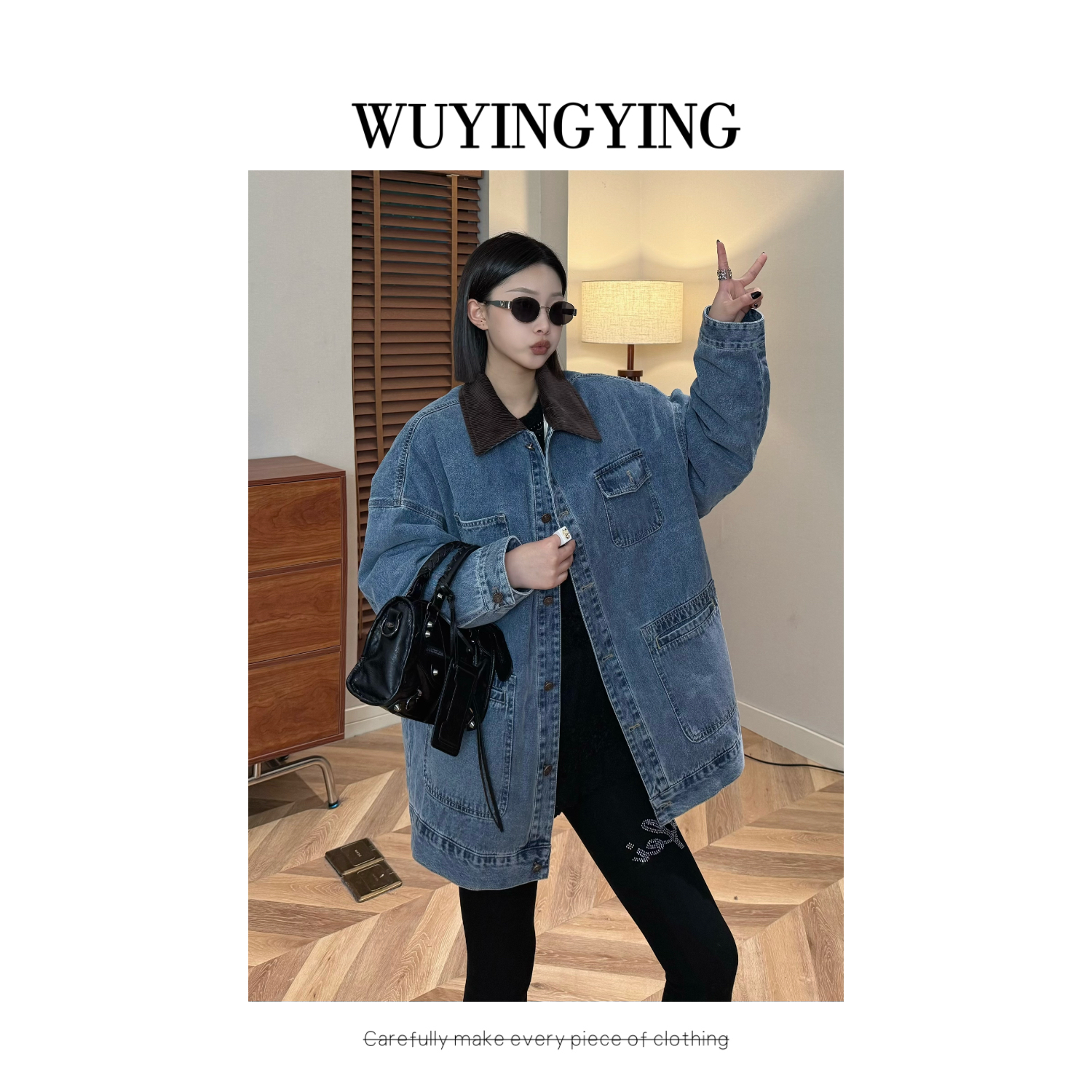 WUYINGYING【牛仔很酷】欧货重工高品撞色拼接设计时尚牛仔羽绒外套