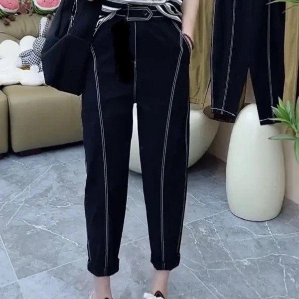 EG大码胖妹时尚遮肉百搭显瘦明线品质高腰休闲钻石斜纹老爹裤6103
