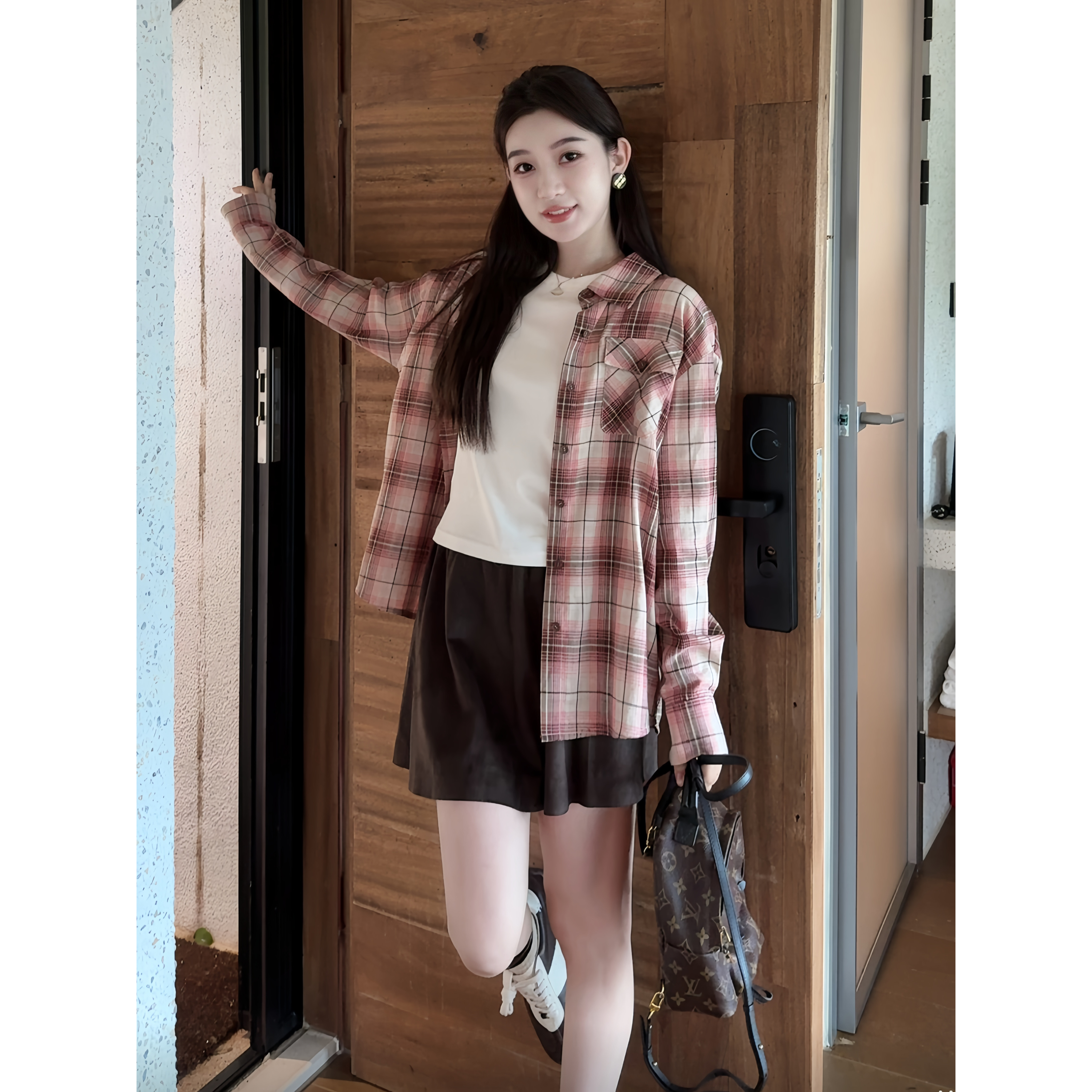 韩恩【QIANA】阿尔卑斯 红格子双层棉宽松复古长袖衬衫qianw90