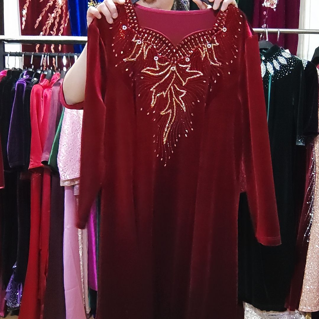 酒红色金丝绒重工中长连衣裙5XL140-150内