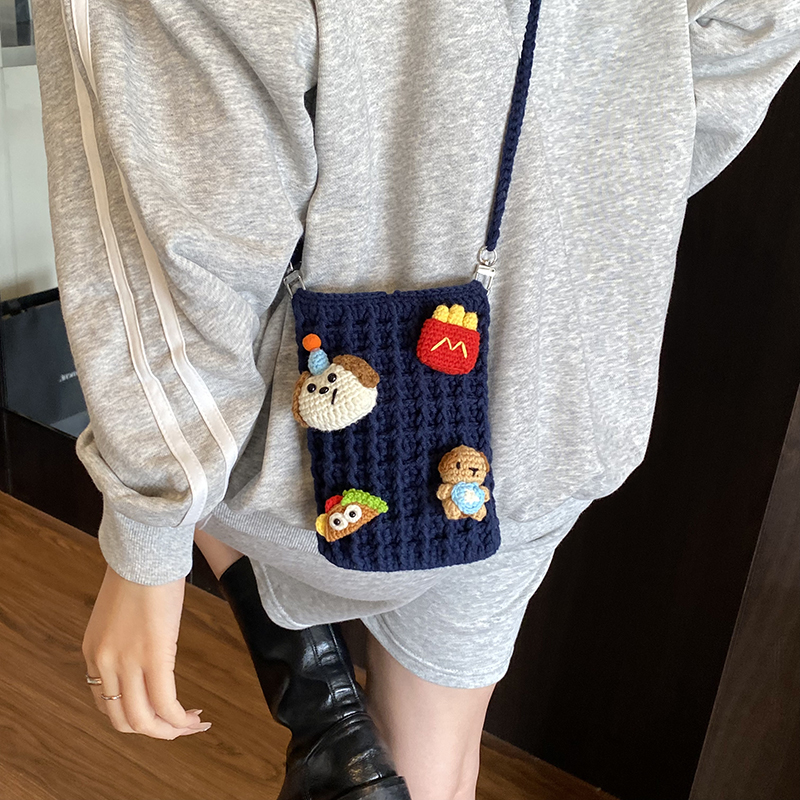 【纯手工成品】毛线钩织可爱萌华夫格手机包编织玩偶配饰单肩斜挎包
