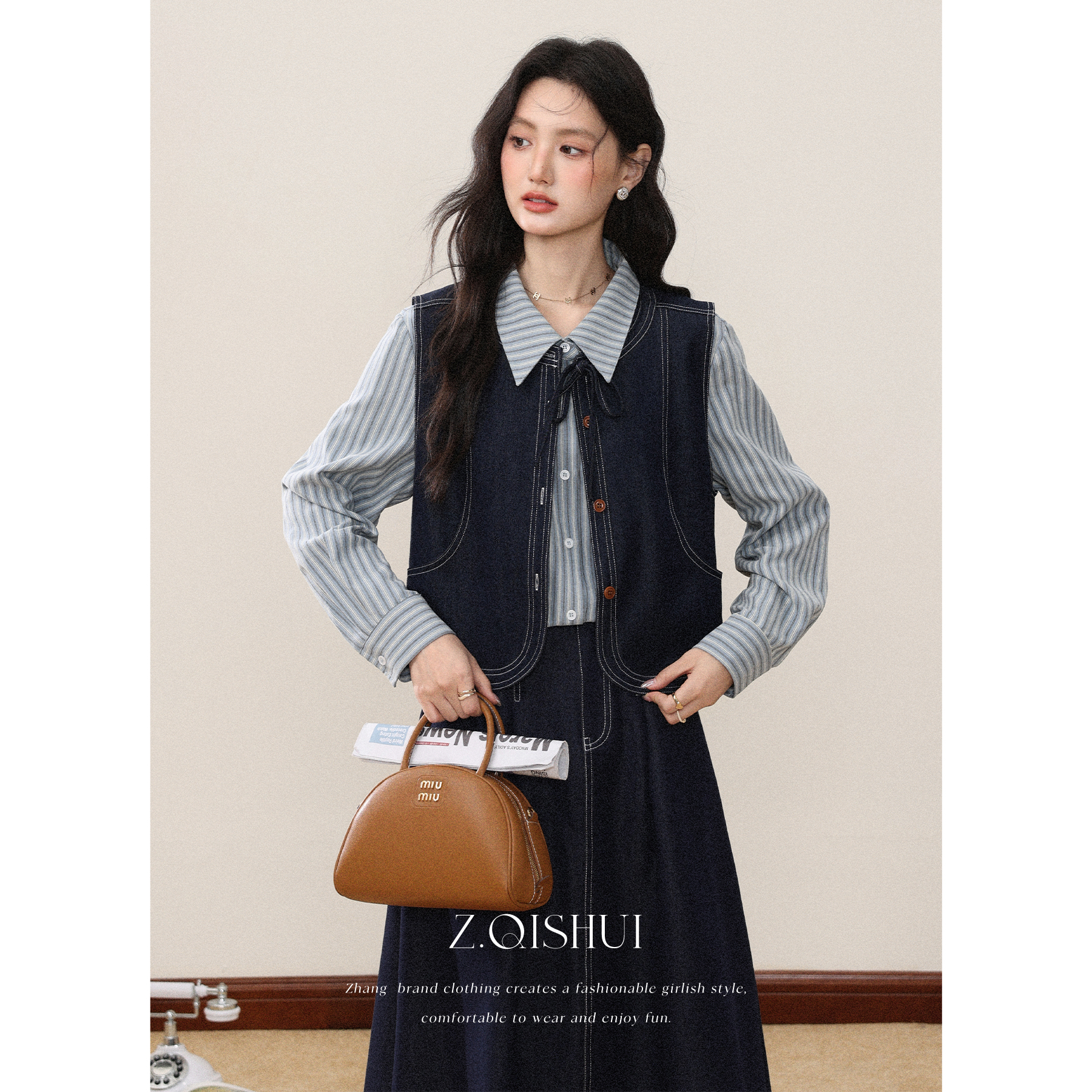 张汽水穿搭套装条纹衬衫牛仔马甲半身裙巨好看小个子三件套Z17009