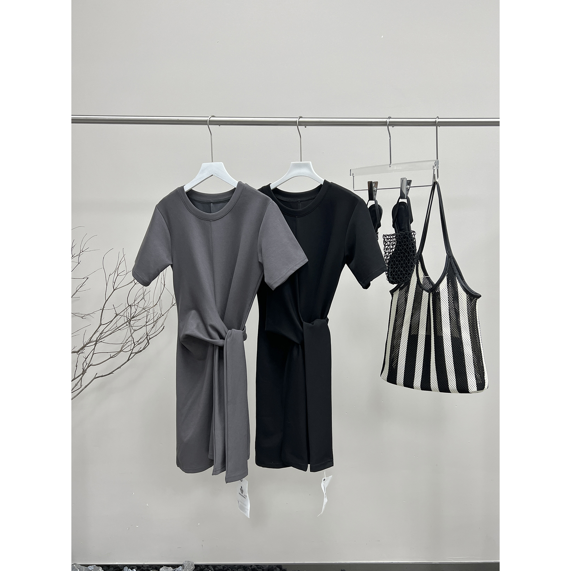 侧绑带短袖连衣裙7526