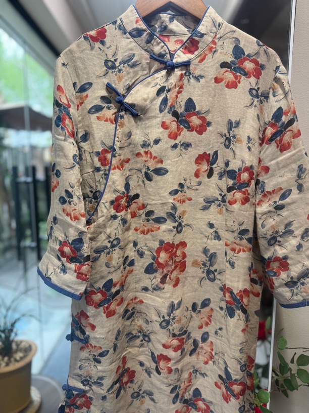 青墨夏款苎麻复古旗袍裙