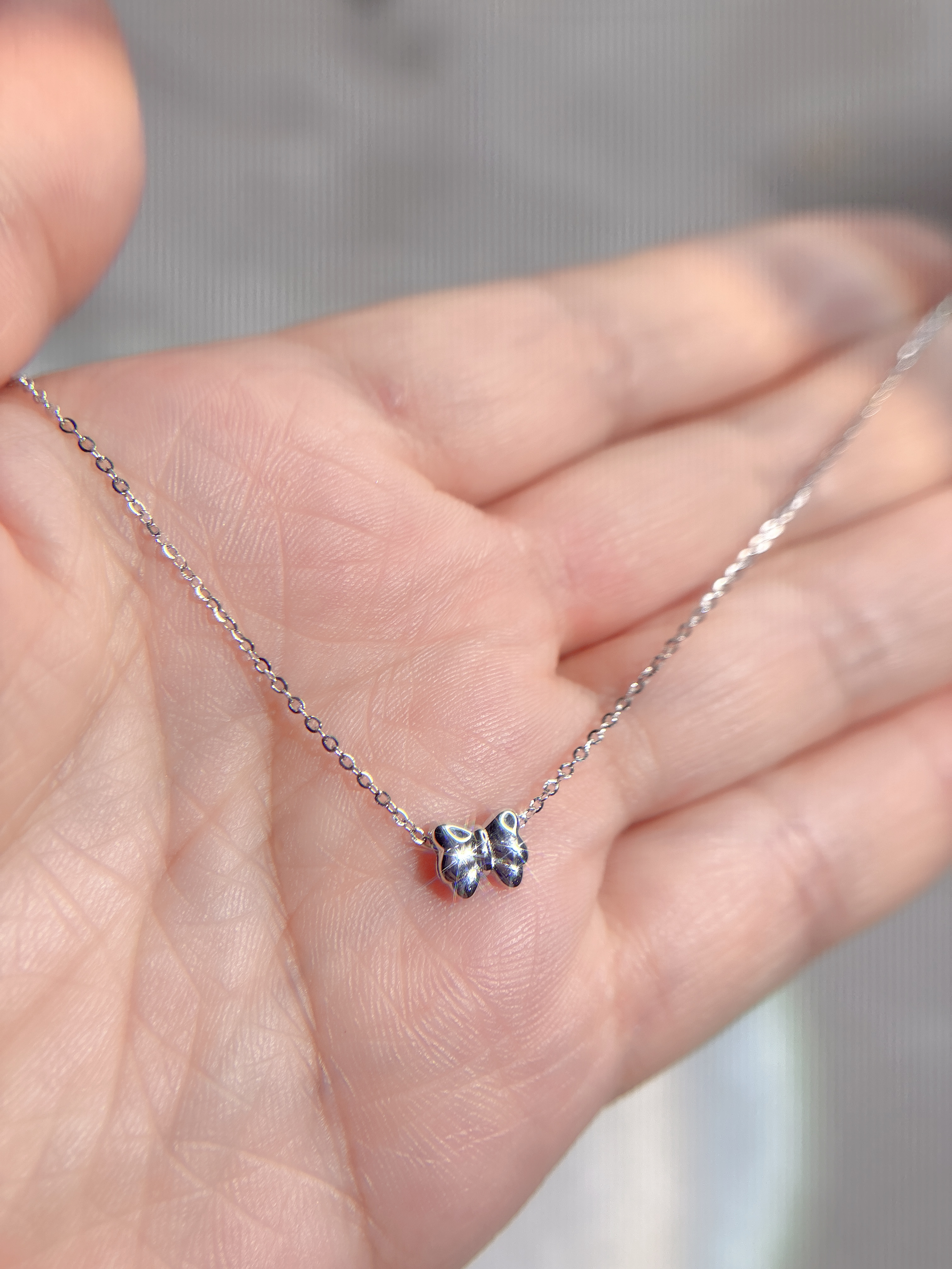 坠链均925银 925银项链银色吊坠蝴蝶结简单小清新小巧可爱光面