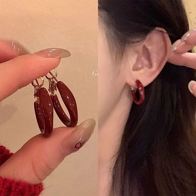 铜合金耳饰 梅姐饰品89 安可拉红色圈圈耳环女耳圈高级感耳钉
