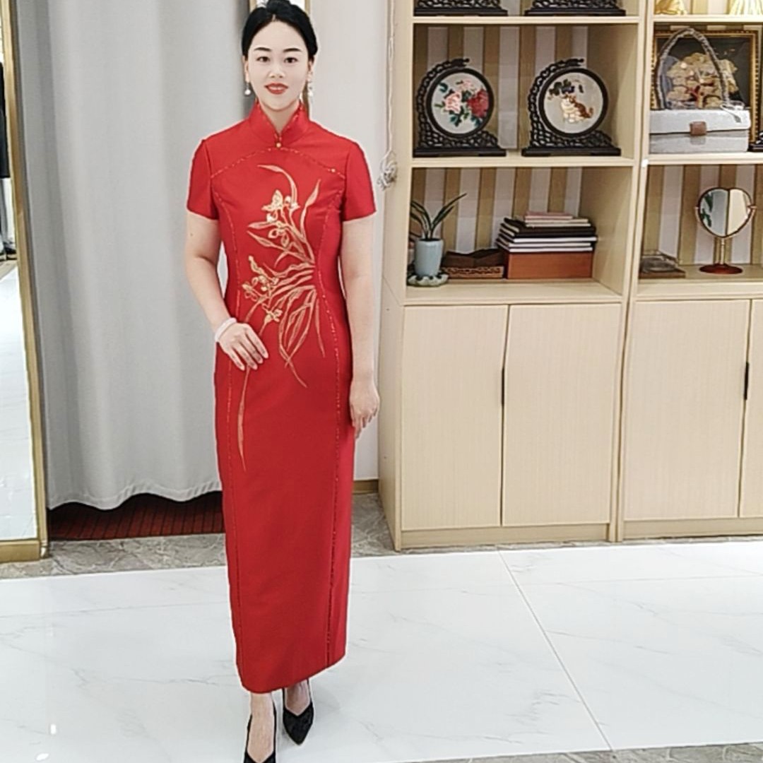 朱紫褕170581立领短袖旗袍红色喜婆婆喜妈妈高级婚宴旗袍敬酒服