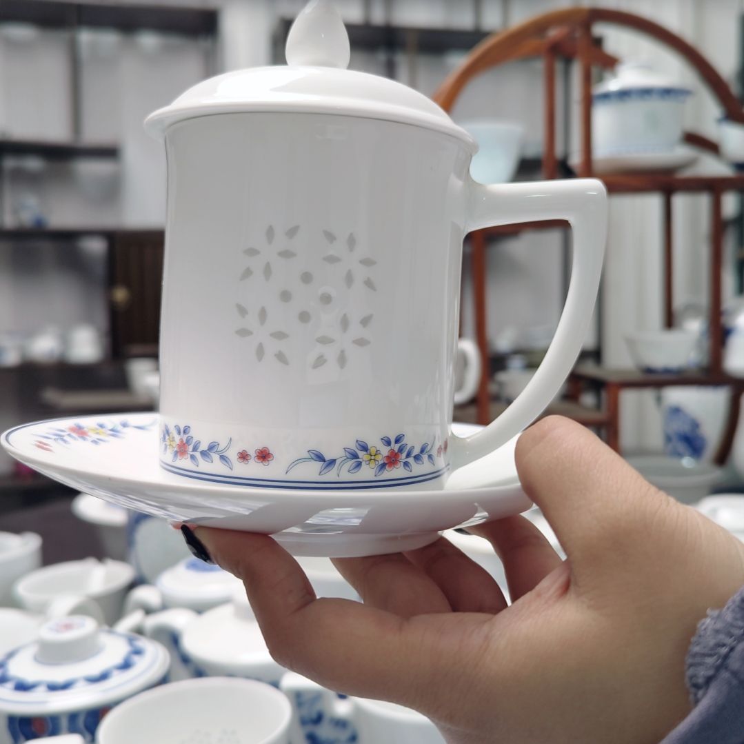 陶瓷灼华办公杯三件套一套