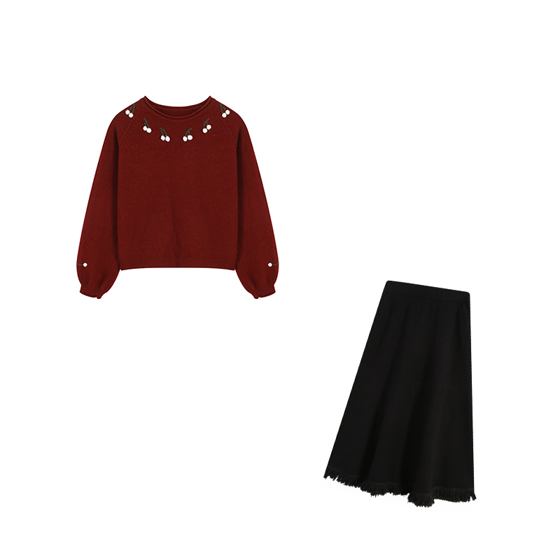 【闭店清仓】红色上衣+黑色长半裙两件套ZL102917+ZL98869套装