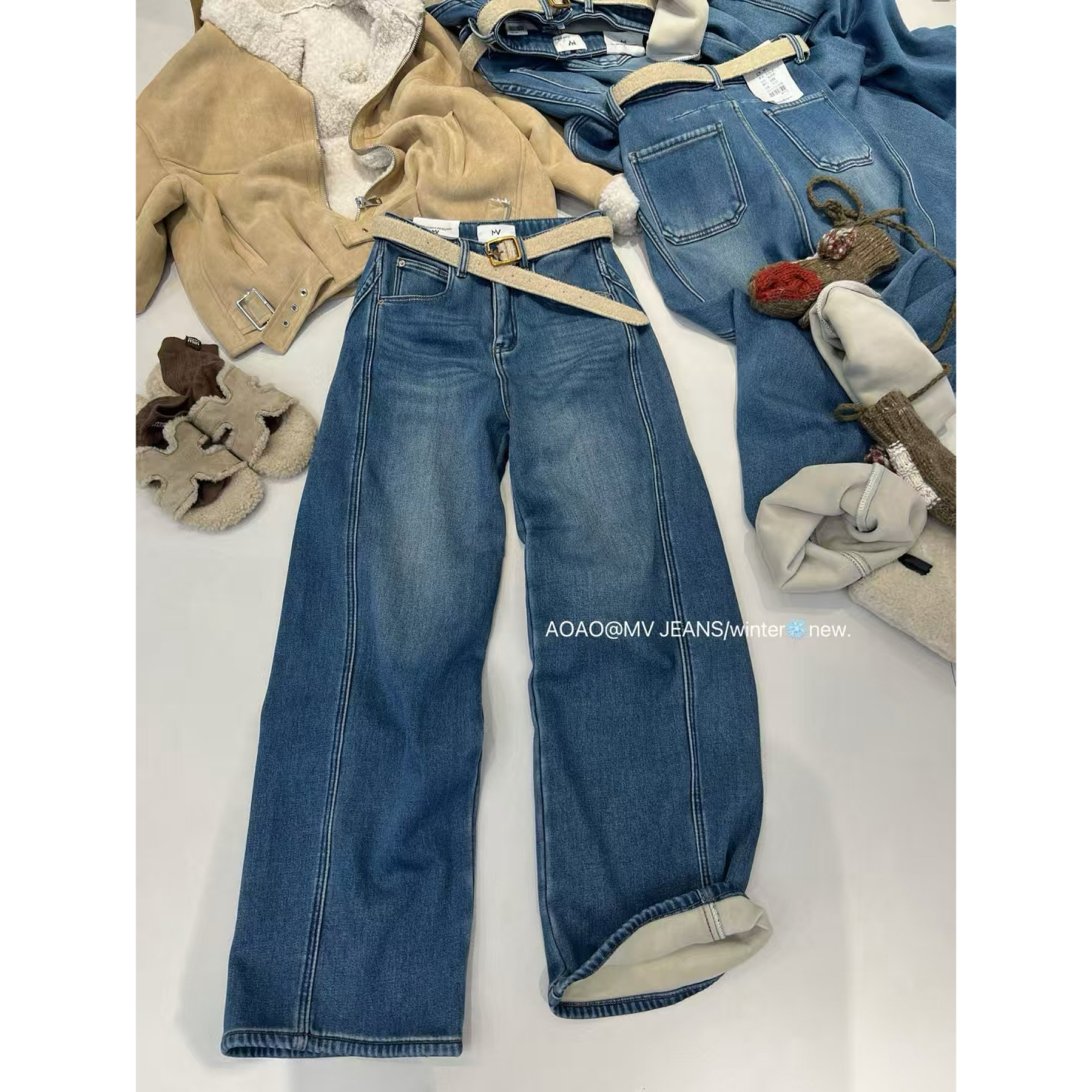 6639冬新款厚绒牛仔裤 腰带显瘦香蕉牛仔裤拖地裤