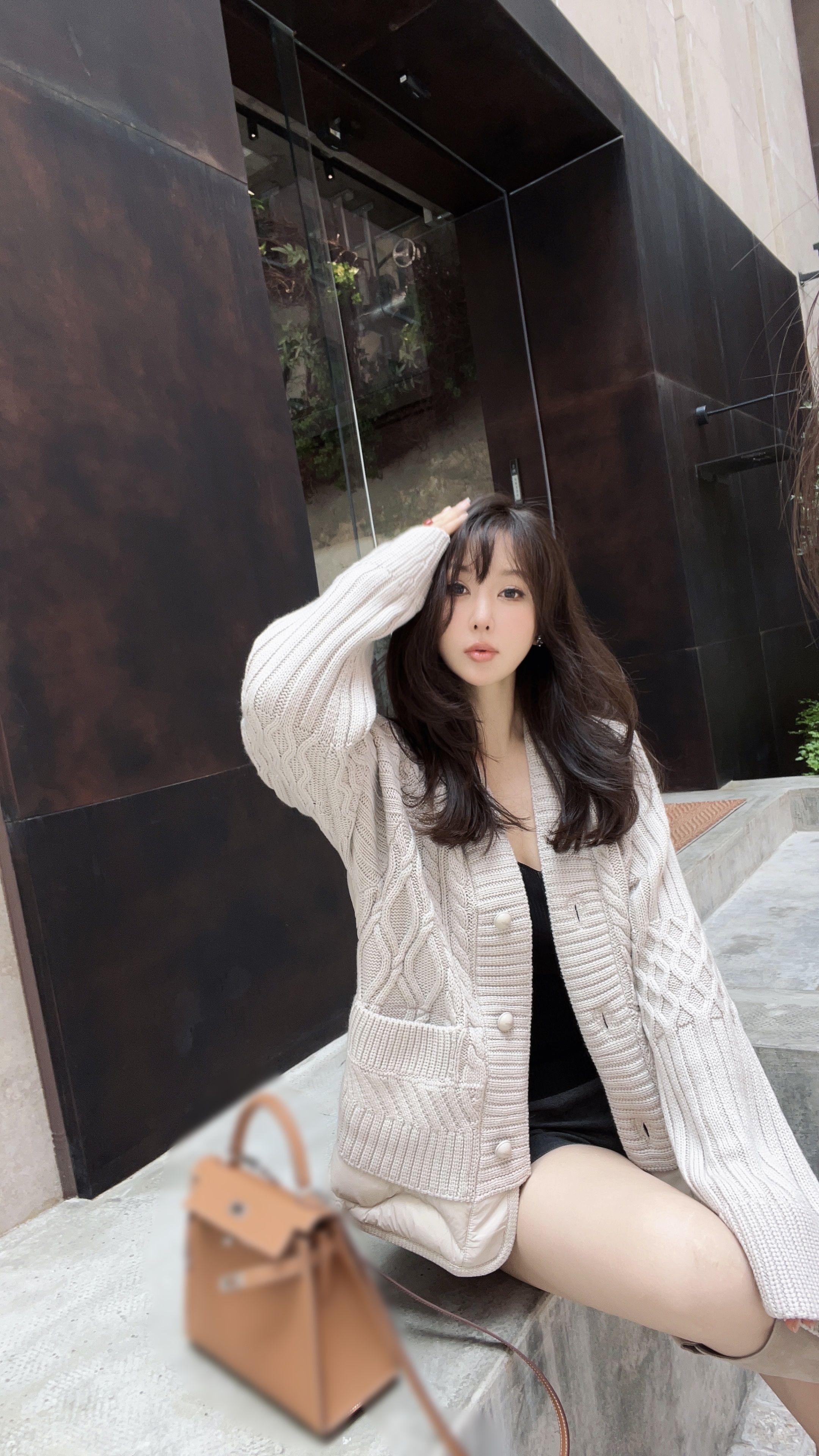 颜玺欧货冬季新款拼接针织羊毛单排扣高端时装羽绒开衫