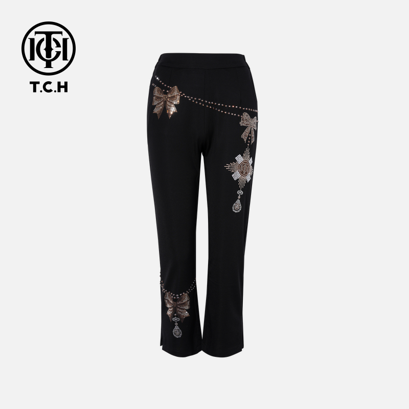 TCH私服烫钻工艺时尚百搭蝴蝶结休闲长裤女T75B20E5081轻奢tch