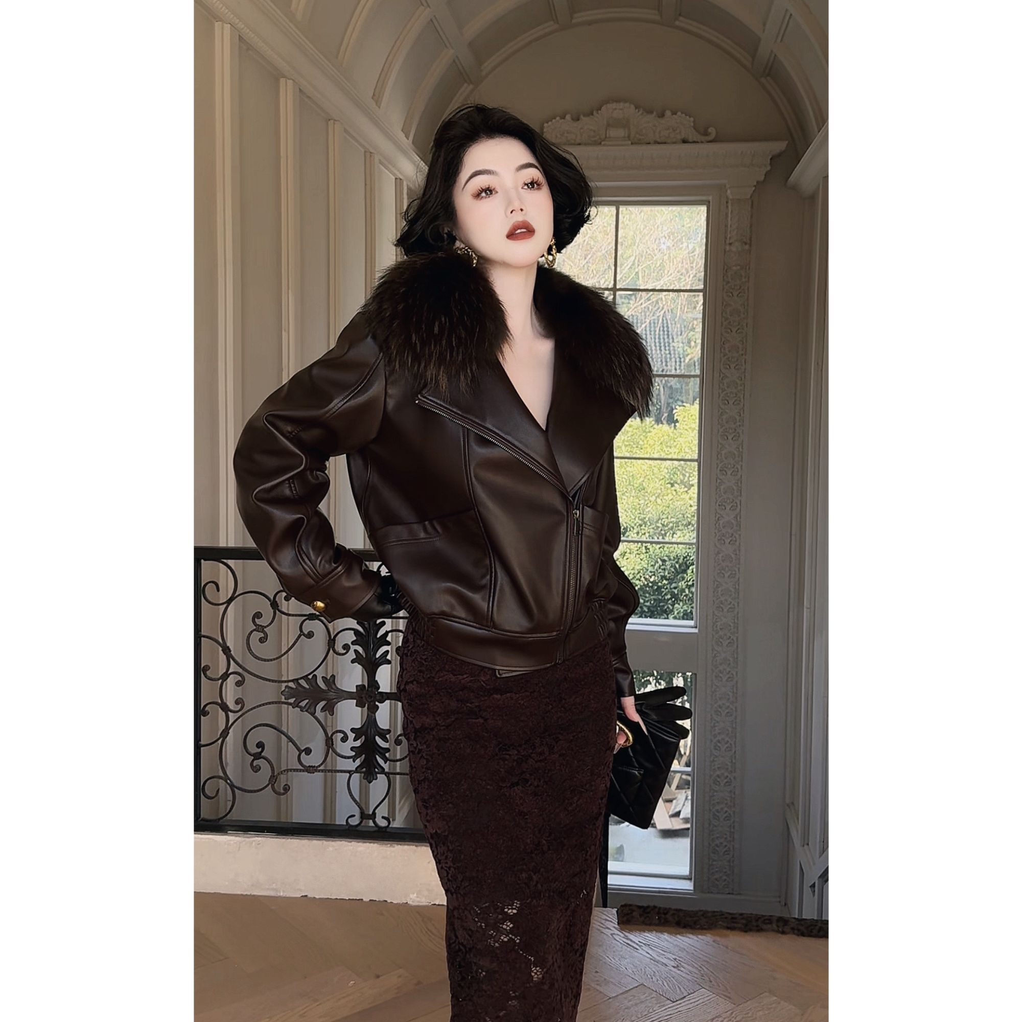 LYXJ【奥比昂夫人】秋冬小众设计法式翻领时尚百搭皮衣12782