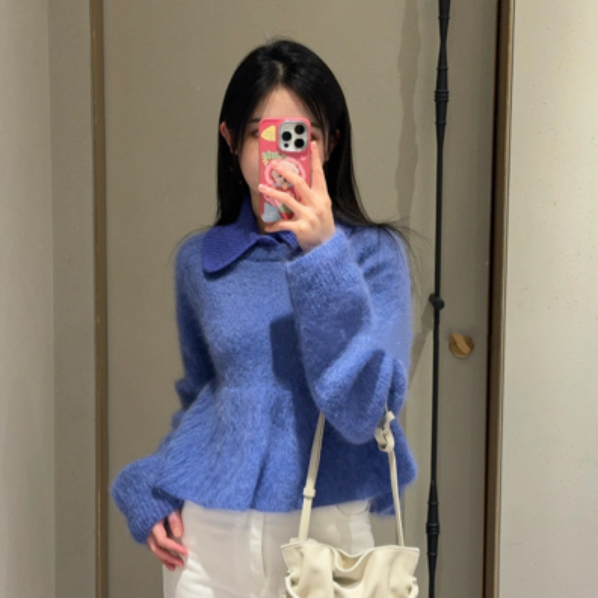 99新 LOEWE/罗意威 wdf254 蓝色翻领长袖羊毛毛衣 2码