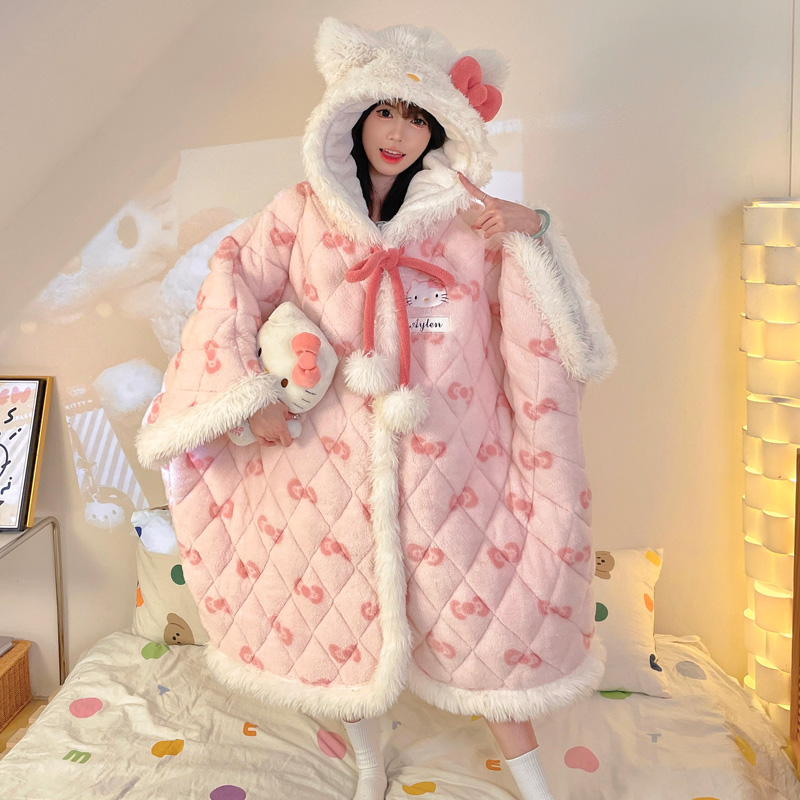 斗篷睡袍冬季三层夹棉加厚加绒保暖珊瑚绒睡衣女士卡通宽松家居服