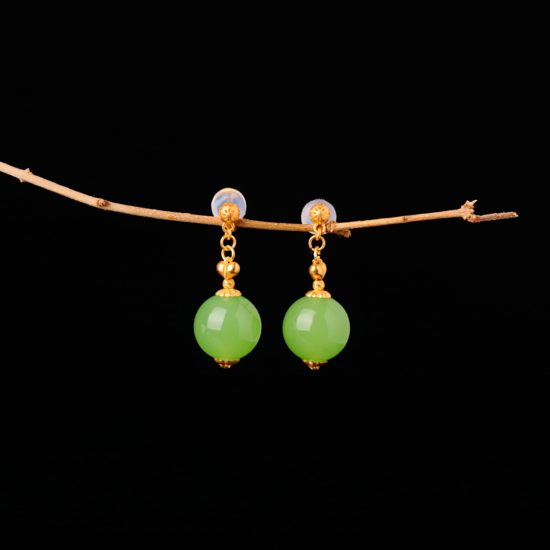 【泓贝珠宝-N752】18k金镶嵌和田玉苹果绿色圆珠耳坠