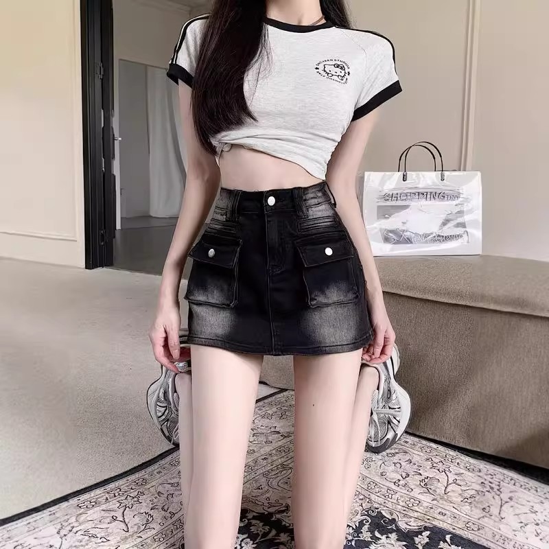 高腰中腰ins成人短裙A型夏季半身裙网红防走光纽扣牛仔A字