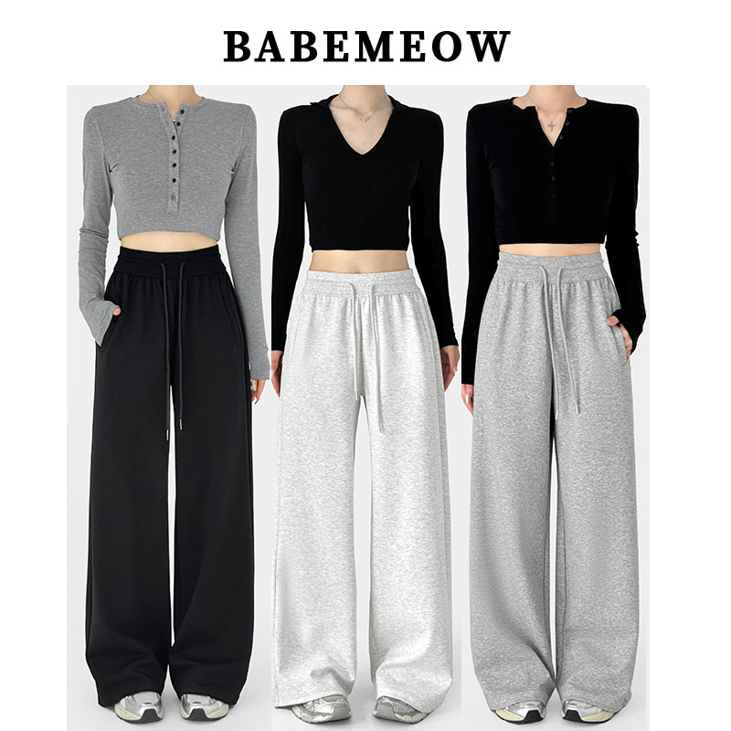 Babemeow美式运动裤女早秋螺纹腰透气时尚休闲裤复古拖地阔腿卫裤
