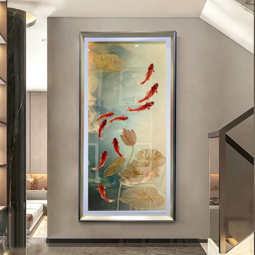 织锦绣高档织锦绣荷花九鱼图入户玄关装饰画竖版挂画壁画走廊画