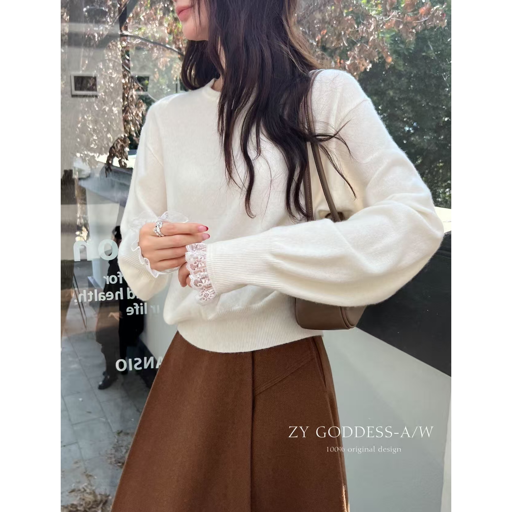 ZY 福（1zyc977#）全羊毛- 蕾丝袖口简约百搭长袖毛衣12-29 