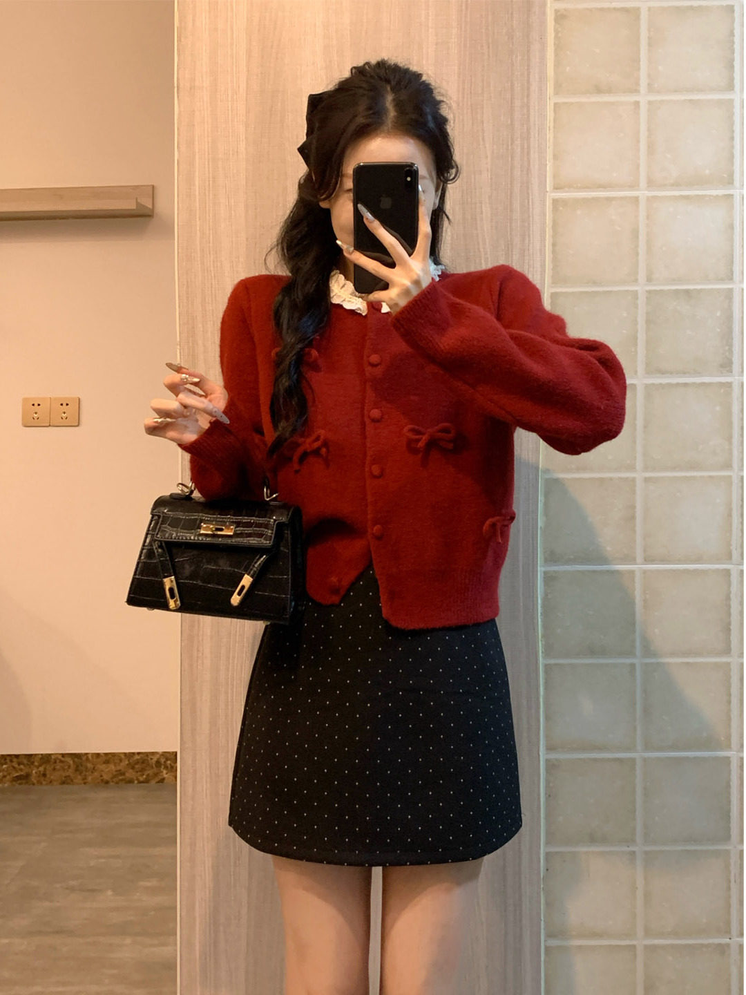 小众设计感立体蝴蝶结针织开衫女秋冬韩系高级感蕾丝花边宽松毛衣