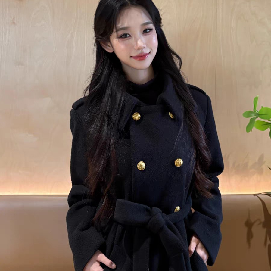 赫本风双面羊双排扣系带百搭气质毛呢大衣