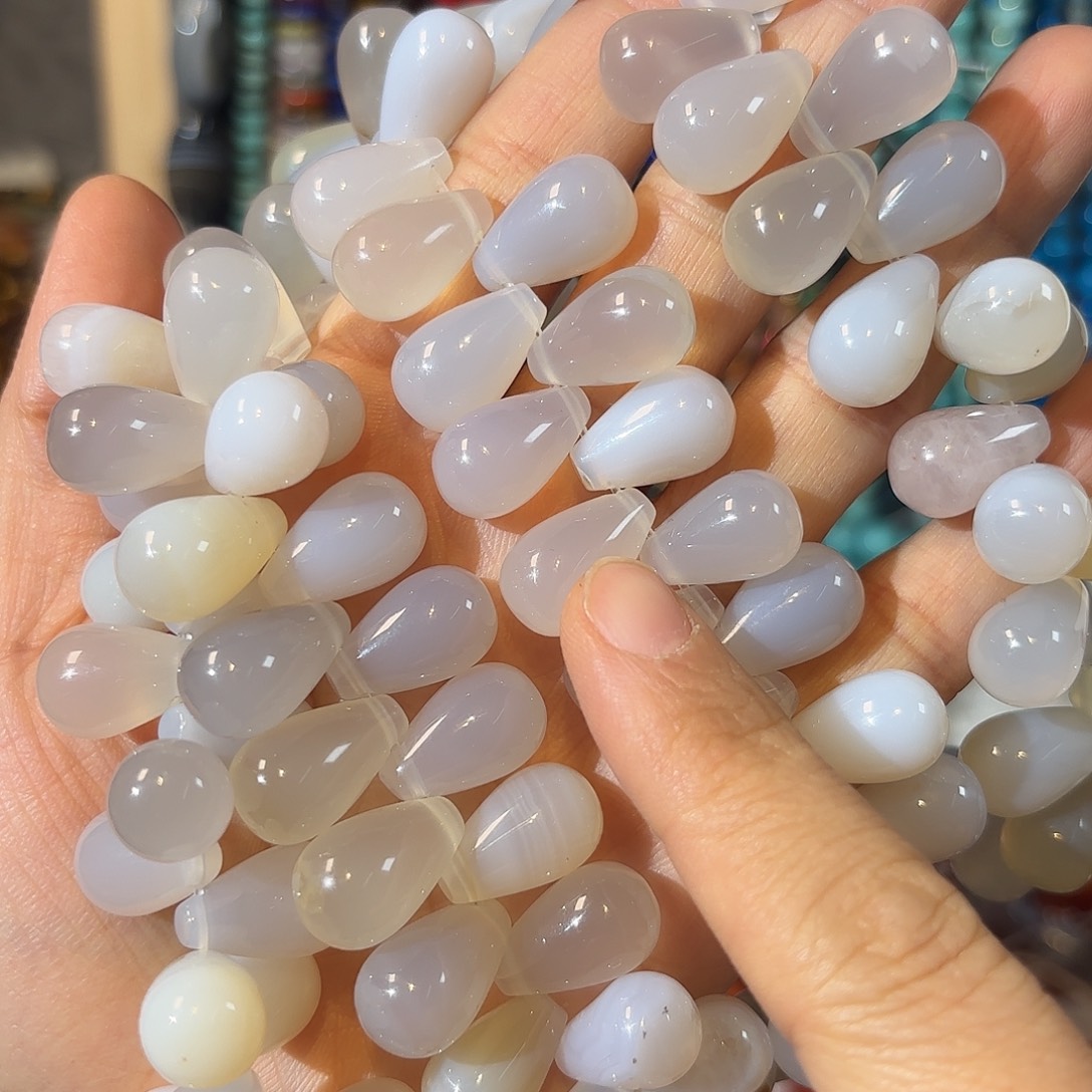 玛瑙/玉髓银S925镀金镶嵌珠宝半成品灰玛瑙水滴9-14一条