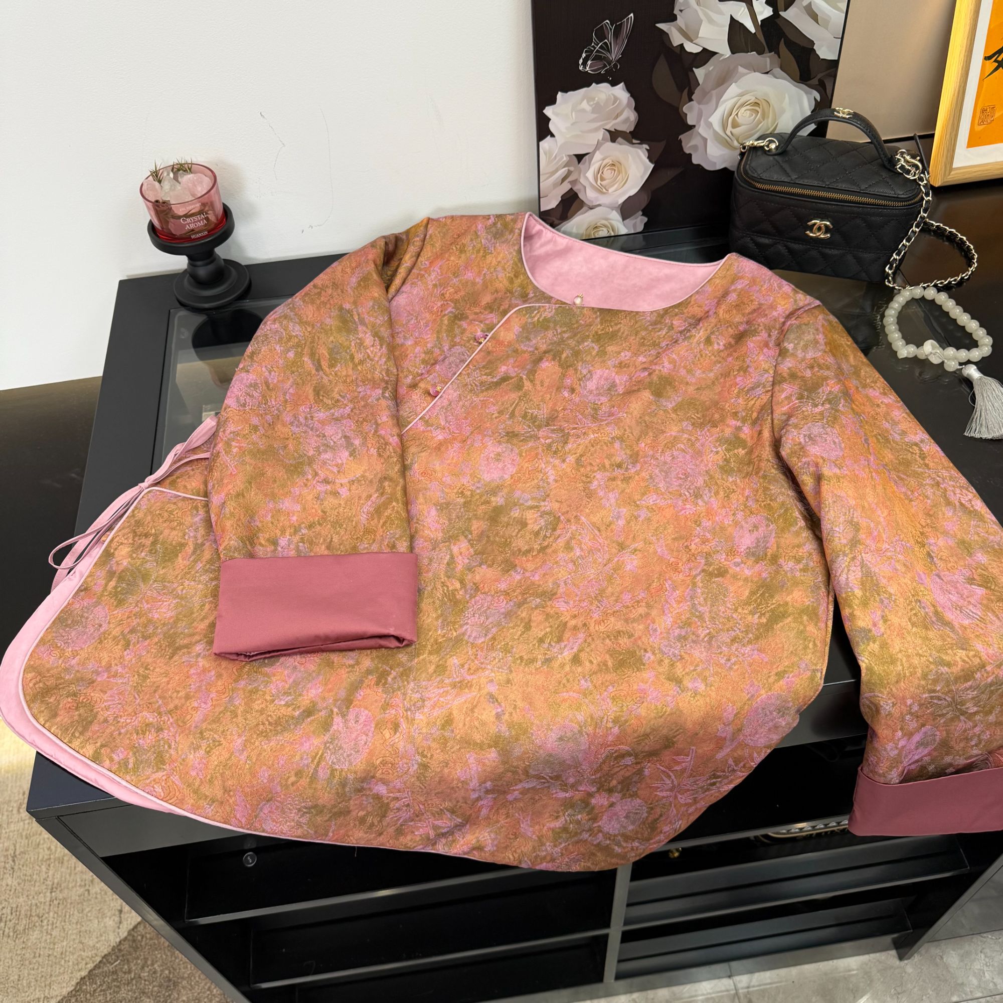 晕染加绒小衫国风新中式秋冬女款新款上衣打底植物花卉复古上衣