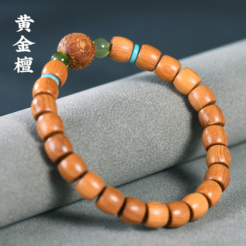 A129墨西哥黄金檀木质手串桶珠单圈雕龙男女文玩念珠佛珠中国风