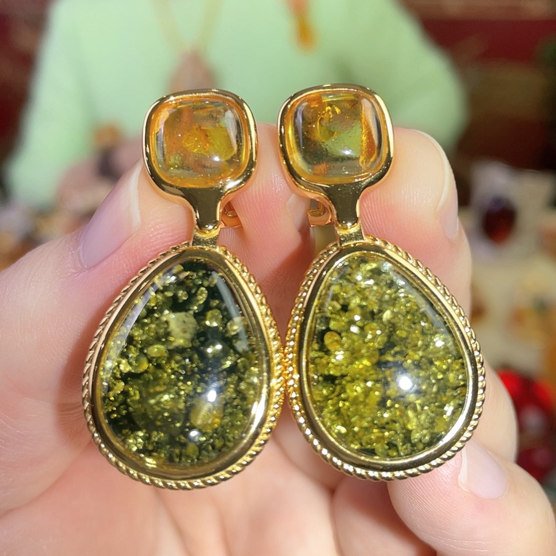 琥珀耳钉银S925镀金镶嵌