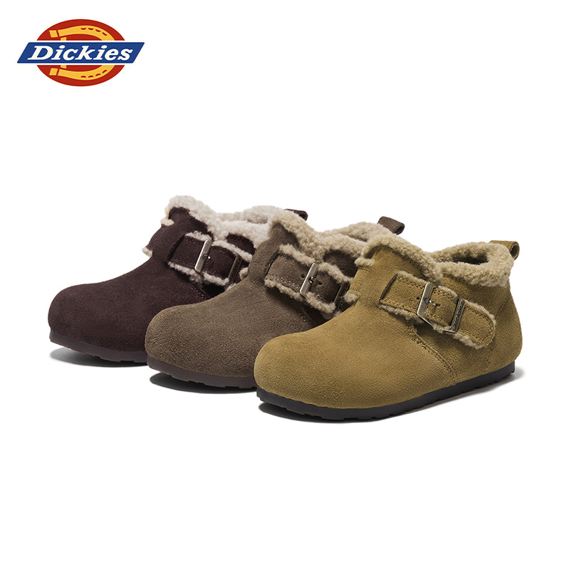 Dickies儿童冬季百搭休闲棉鞋博肯牛皮毛毛鞋包头软底儿童防滑鞋