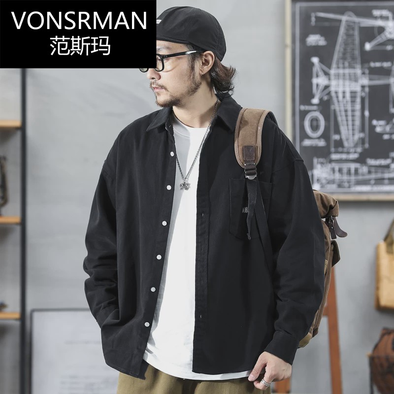 Vonsrman春秋黑色工装衬衣外套男宽松纯棉大码潮牌日系外穿长袖高