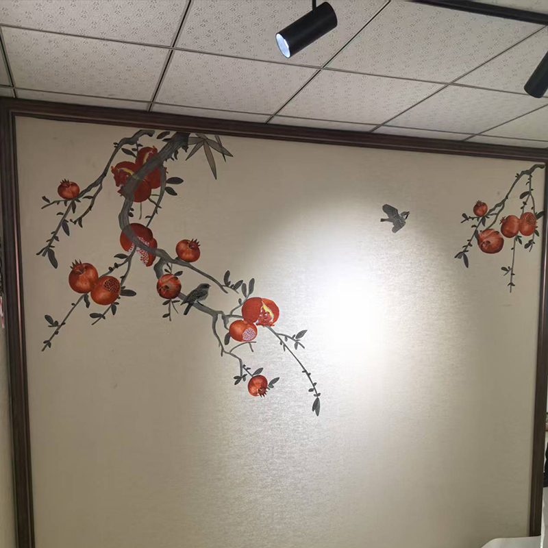 言绣独绣刺绣无缝壁布新中式客厅沙发背景墙布卧室水墨石榴墙布