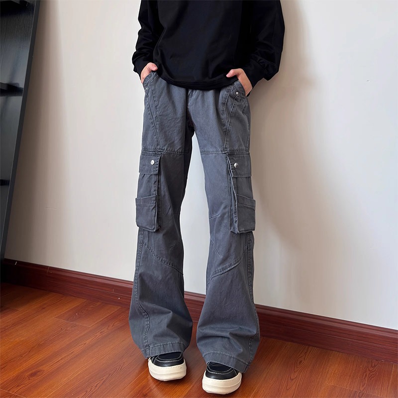 灰色微喇工装休闲裤男薄款cleanfit裤子美式高街提裆弯刀长裤