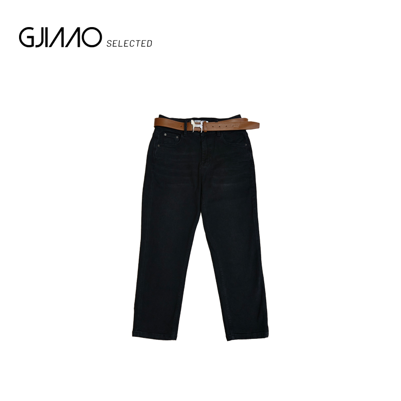 52814 咖腰带黑色磨毛直筒牛仔裤