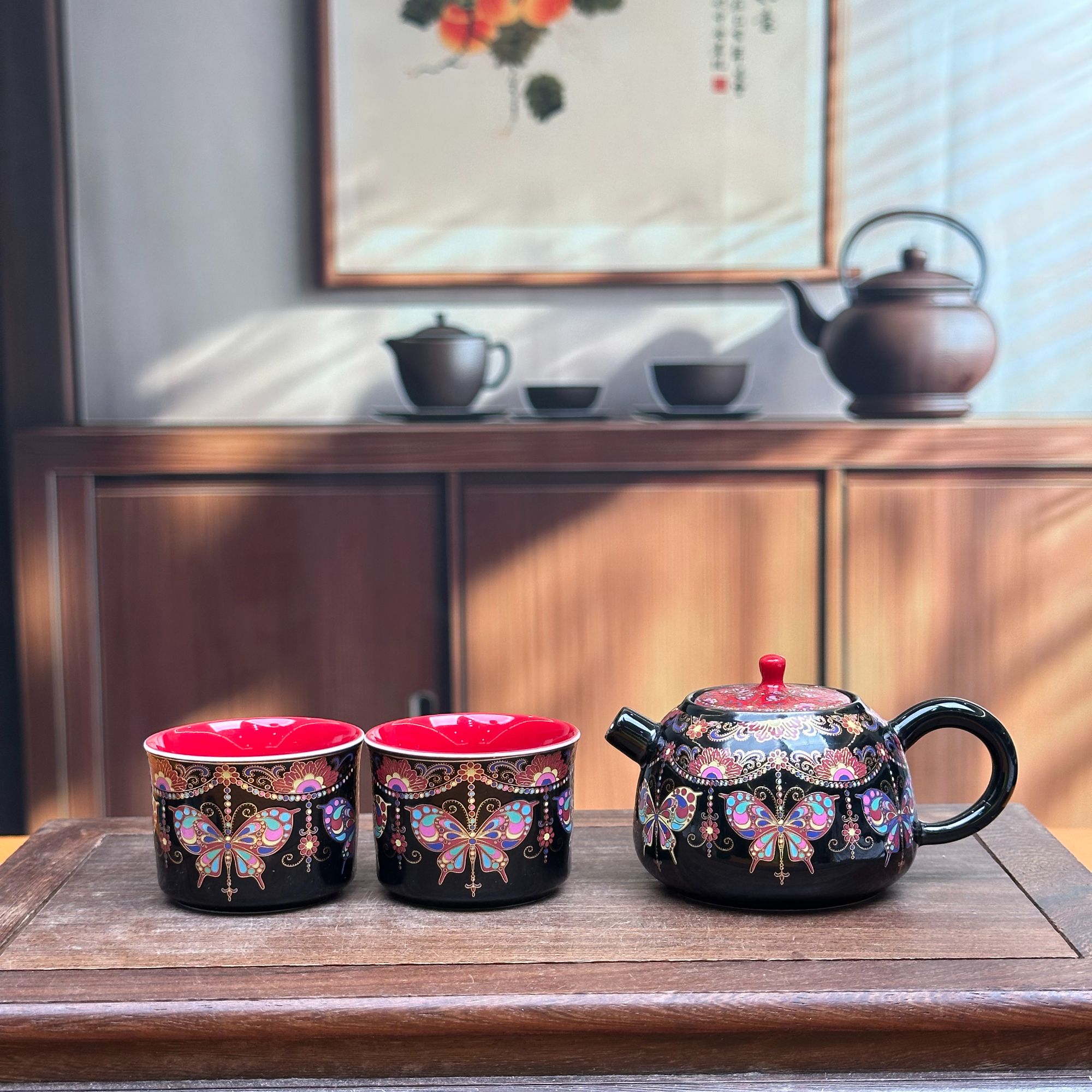 ZH3401-黑金蝶恋花茶壶+两个黑金蝶恋花宽口杯