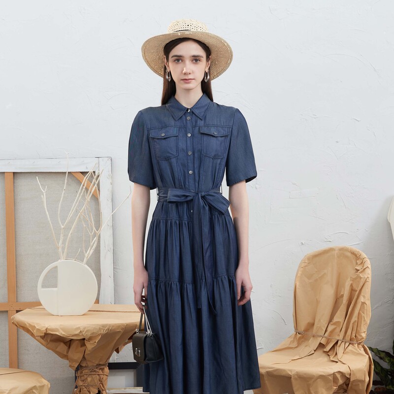 S·DEER圣迪奥女装时尚休闲复古翻领收腰碎褶衬衫连衣裙S24261214