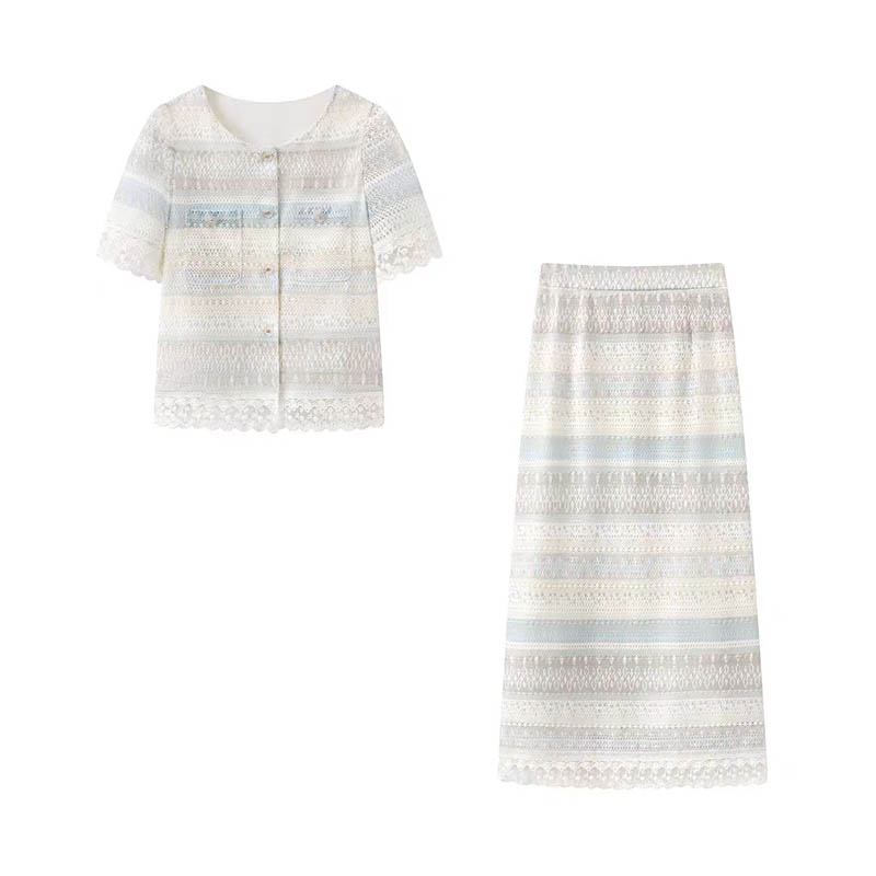 （女装）8755 夏季新款蕾丝拼接镂空上衣半身裙小香风两件套装