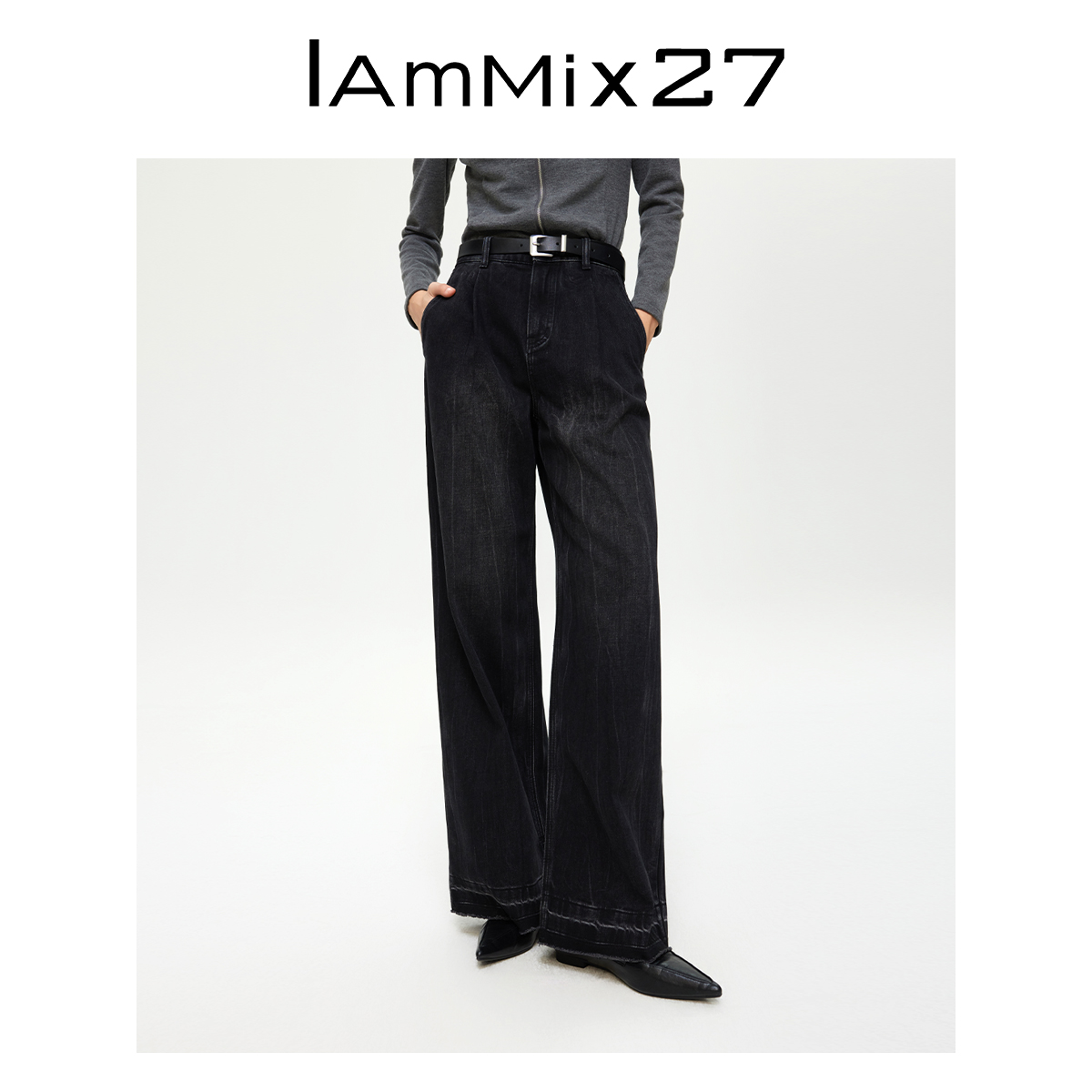 Iammix27黑色直筒宽松显瘦加绒加厚复古百搭毛边阔腿长裤M4D7020