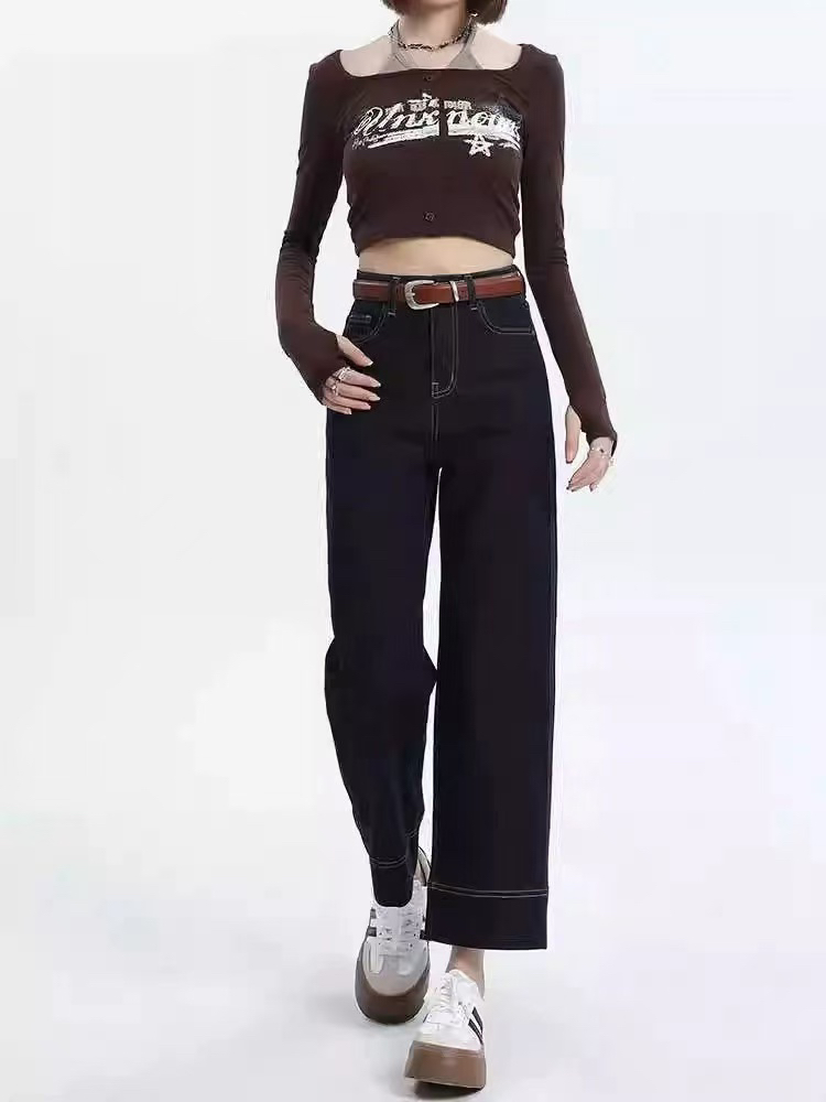 牛仔阔腿裤女春季新款裤子高腰宽松显瘦窄版直筒裤（瑕疵，慎拍）