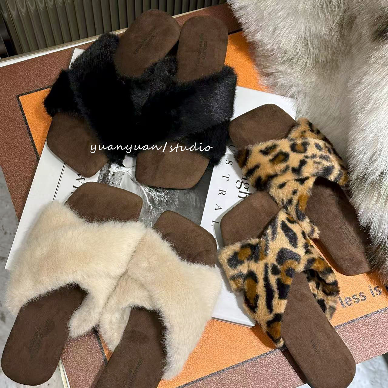 低跟INS风休闲风百搭半拖秋冬欧若假日风方头豹纹毛毛拖鞋