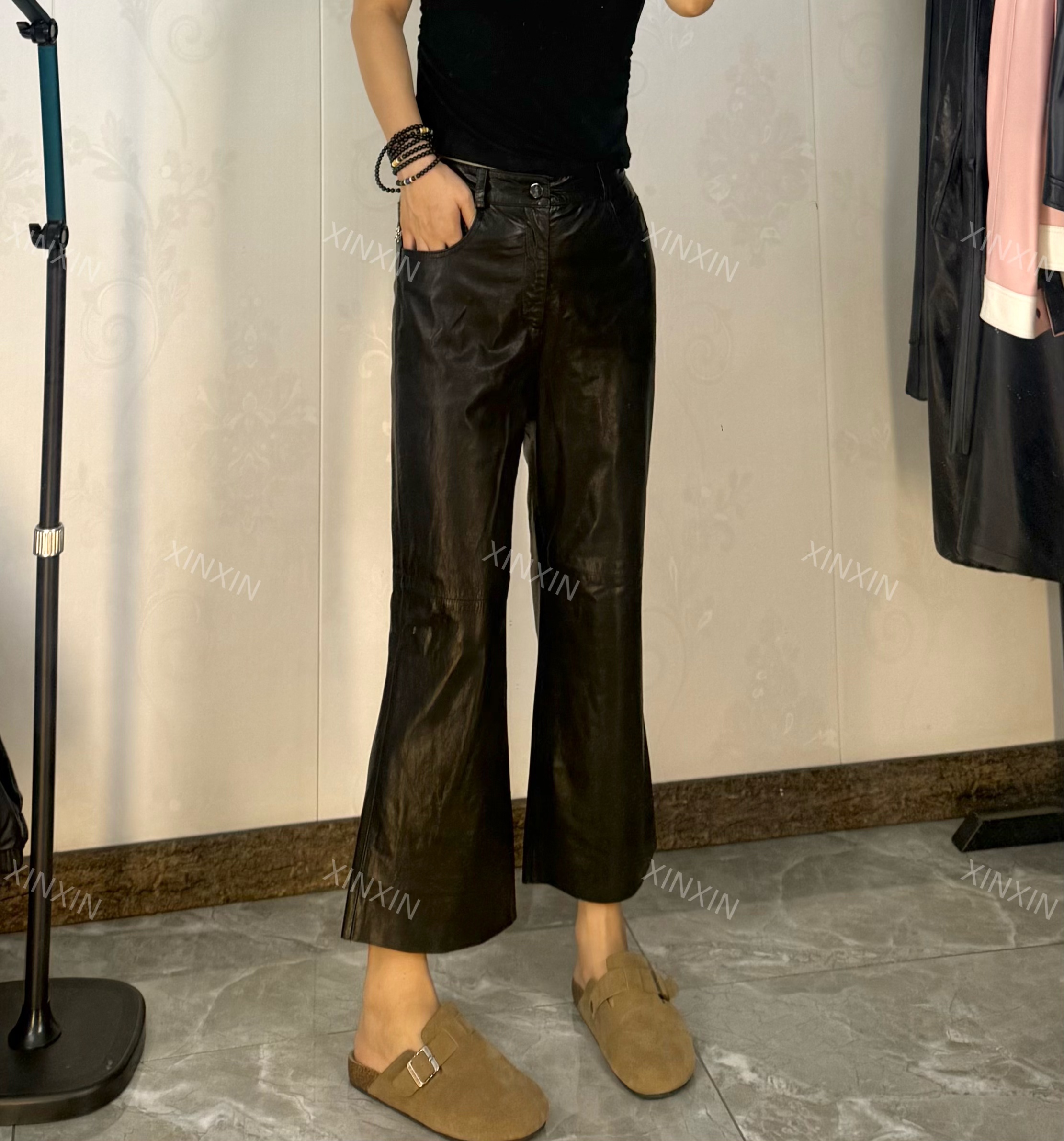 XINXIN/2025年真皮牛皮油腊皮裤微喇女裤修身设计复古感百搭时尚