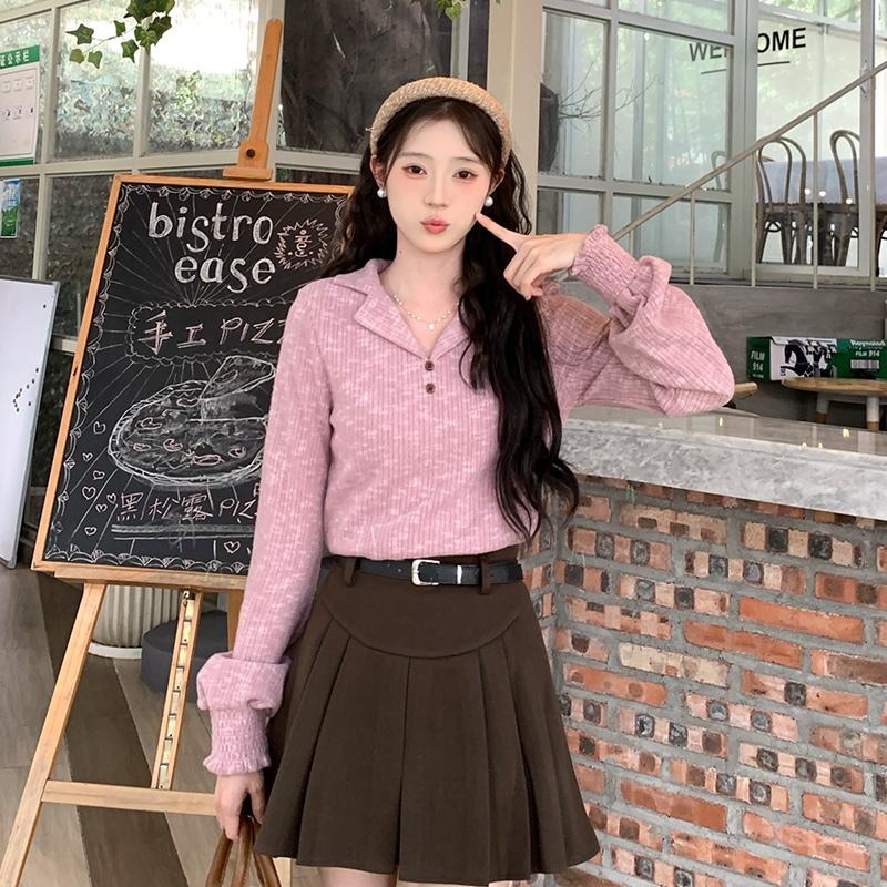 【粉丝专属】22496气质粉色长袖打底衬衫秋冬高级感宽松内搭v领上衣