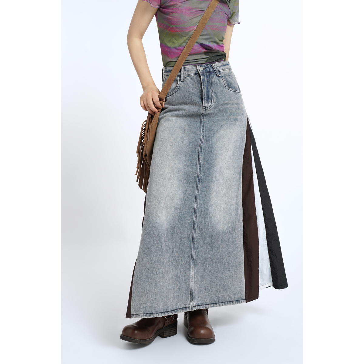 【清苍 】拼接牛仔半身裙女秋款甜酷设计感a字裙半身