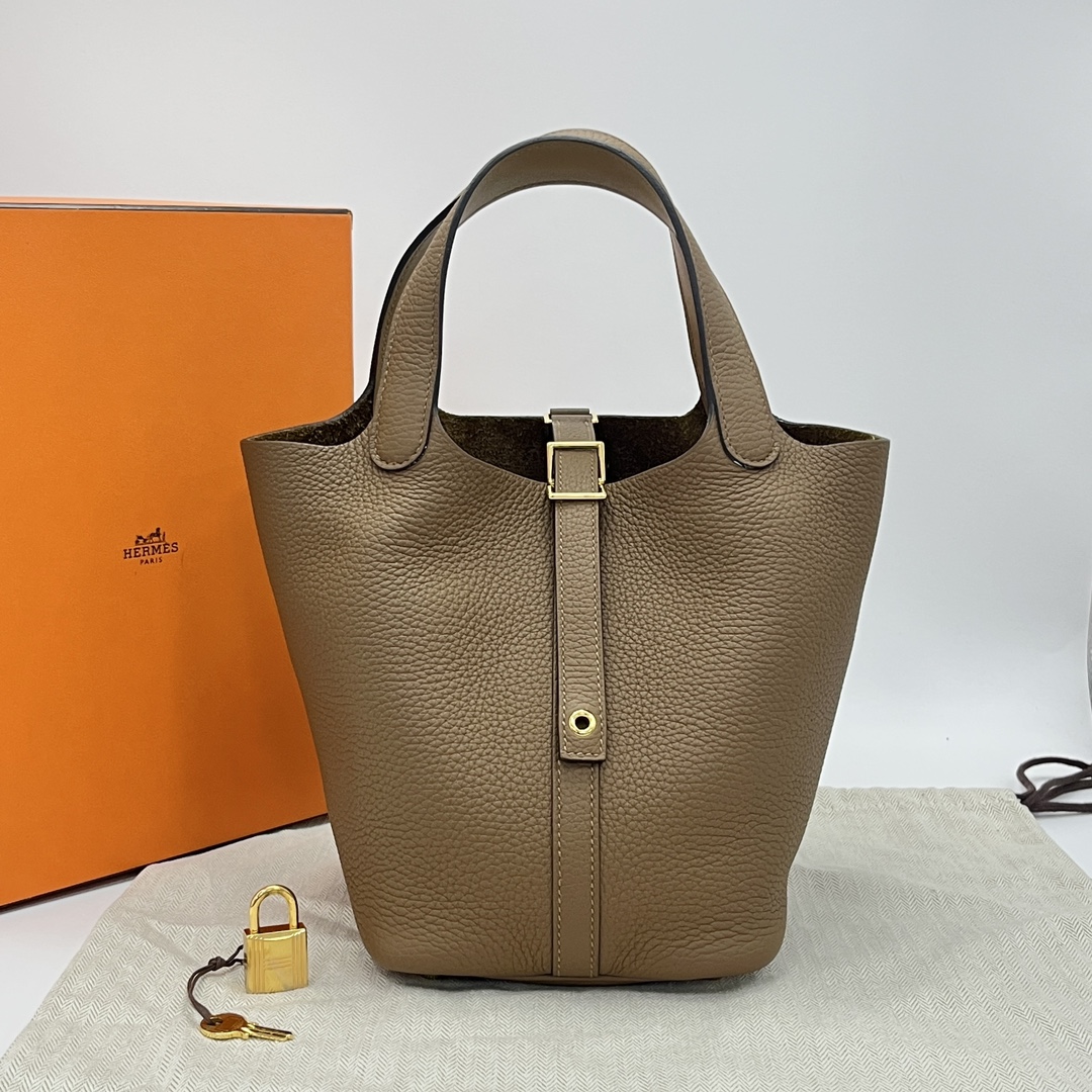 99新 Hermes/爱马仕 栗子色金扣菜篮子18手提袋 11141