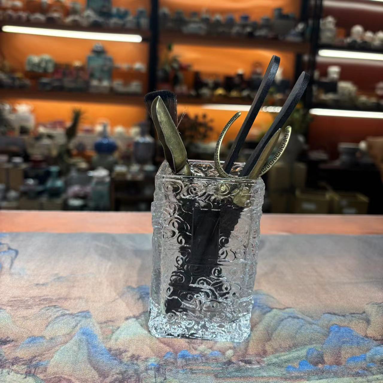 扬名 透明锤纹玻璃四方茶道桶茶道六君子-1907 直播专享